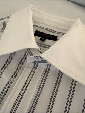 Rag & Bone White Cotton Designer Shirt with Black Pinstripes Button-Down